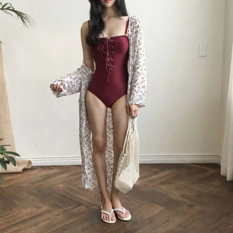 

Women Solid Color Simple Lace-up Openwork Halter Cross Strap Split Intimates Sexy Swimsuit