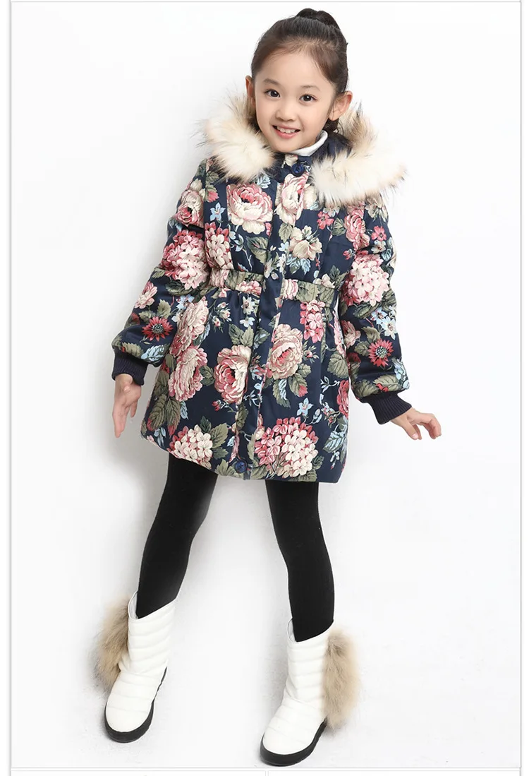 Пальто с цветочным принтом для девочек Детская Длинная зимняя куртка Мужские парки для Обувь для девочек с роскошной Мех животных капюшоном и поясом модная одежда для подростков