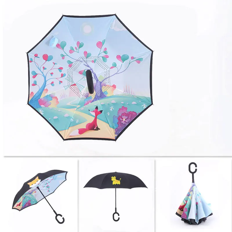 

Children Umbrella Windproof Reverse Folding Double Layer Inverted Chuva Umbrella Self Stand Rain Protection C-Hook Hands For Car