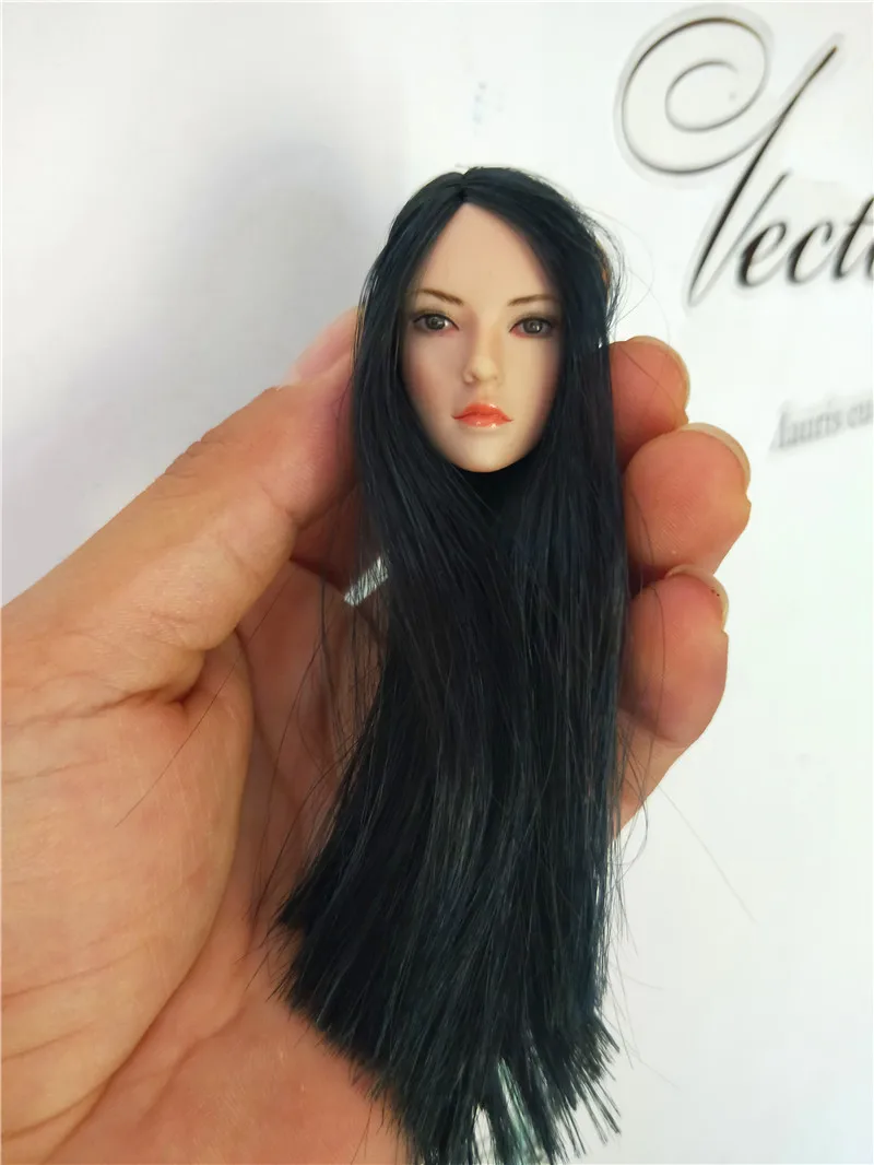 Модель 1/6 года Женская фигурка головы из Азии коричневые кудри/черные длинные