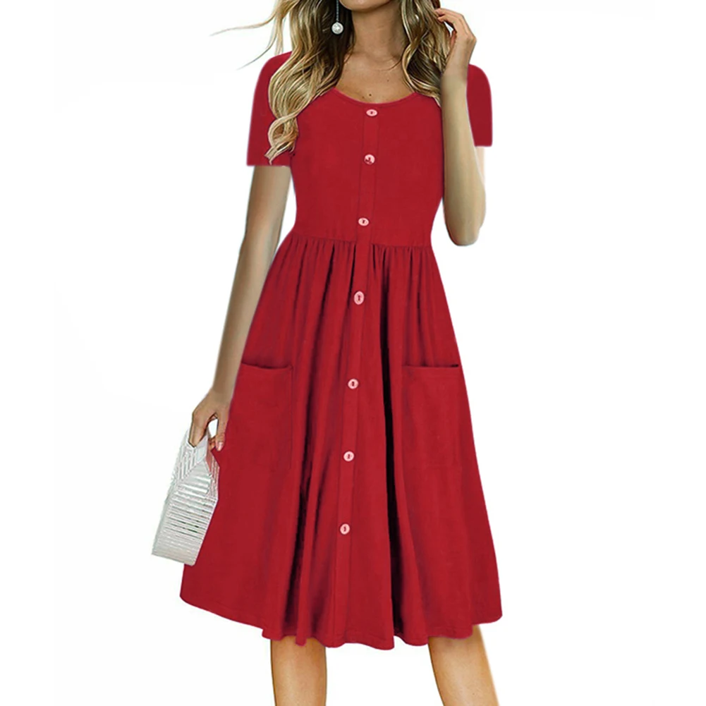 

Women's Short Sleeve Dresses Solid color Round Neck Button decoration T-Shirt summer Sundress Holiday Dress with Pockets
