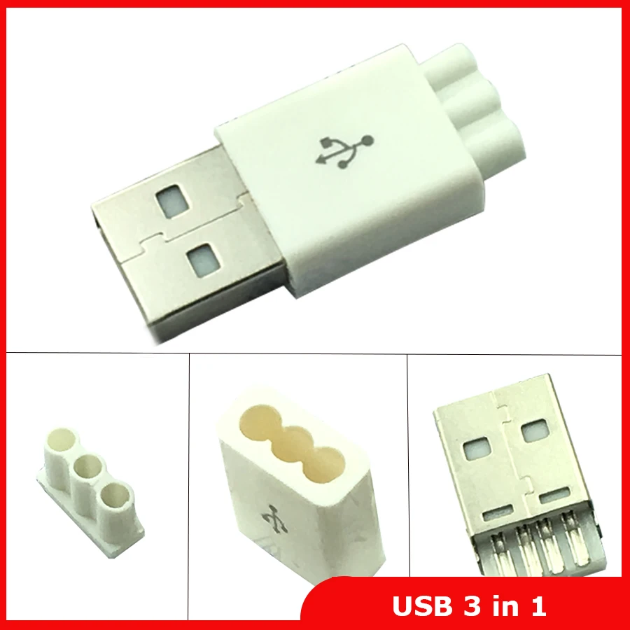 10set DIY USB Connector 3 in 1 3 Holes white 2.0 USB Type A USB Male