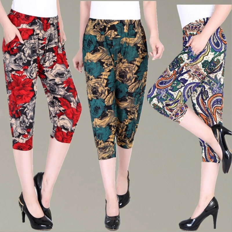 

Chiffon Pant Flower Print Casual Cropped Trousers Woman Multi-color Plus Size Cropped Trousers
