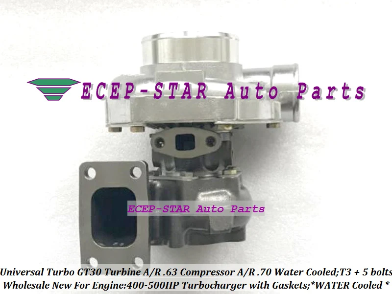 Universal Turbo Turbocharger GT30 Turbine AR .63 Compressor AR .70 T3 Water cooled outlet 5 bolts 400HP-500HP Gaskets (3)