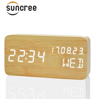 

Suncree wooden LED alarm clock,date+week+time temperature sound control Electronic Digital Table Desktop Clocks