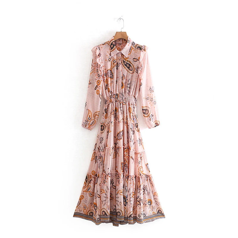 Women's Clothing Dress 2019 Printed Turndown Collar Waist Elastic Dress Ms Summer Street Slim Fit Stylish Temperament Clothing