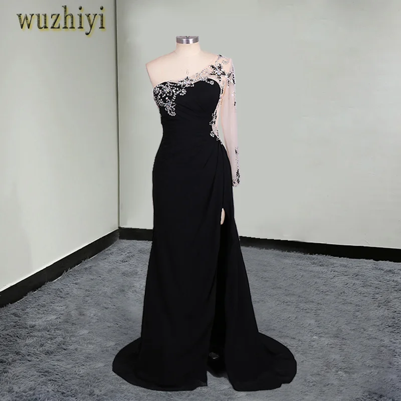 Женское шифоновое платье-Русалка wuzhiyi черное платье на одно плечо для выпускного