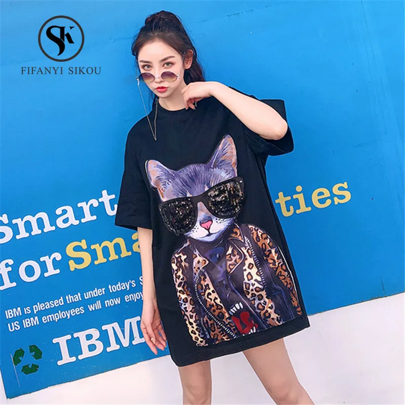 

Fashion Print Sequins Short sleeve T shirt women 2019 Spring Summer New Casual O-Neck Tops Loose Long Tshirt Streetwear Womens