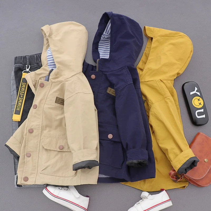 

New Spring And Autumn Childrens Casual Single Breasted Pocket Hooded Jacket Windbreaker Boys Cotton Outwear Coats For Kids Baby