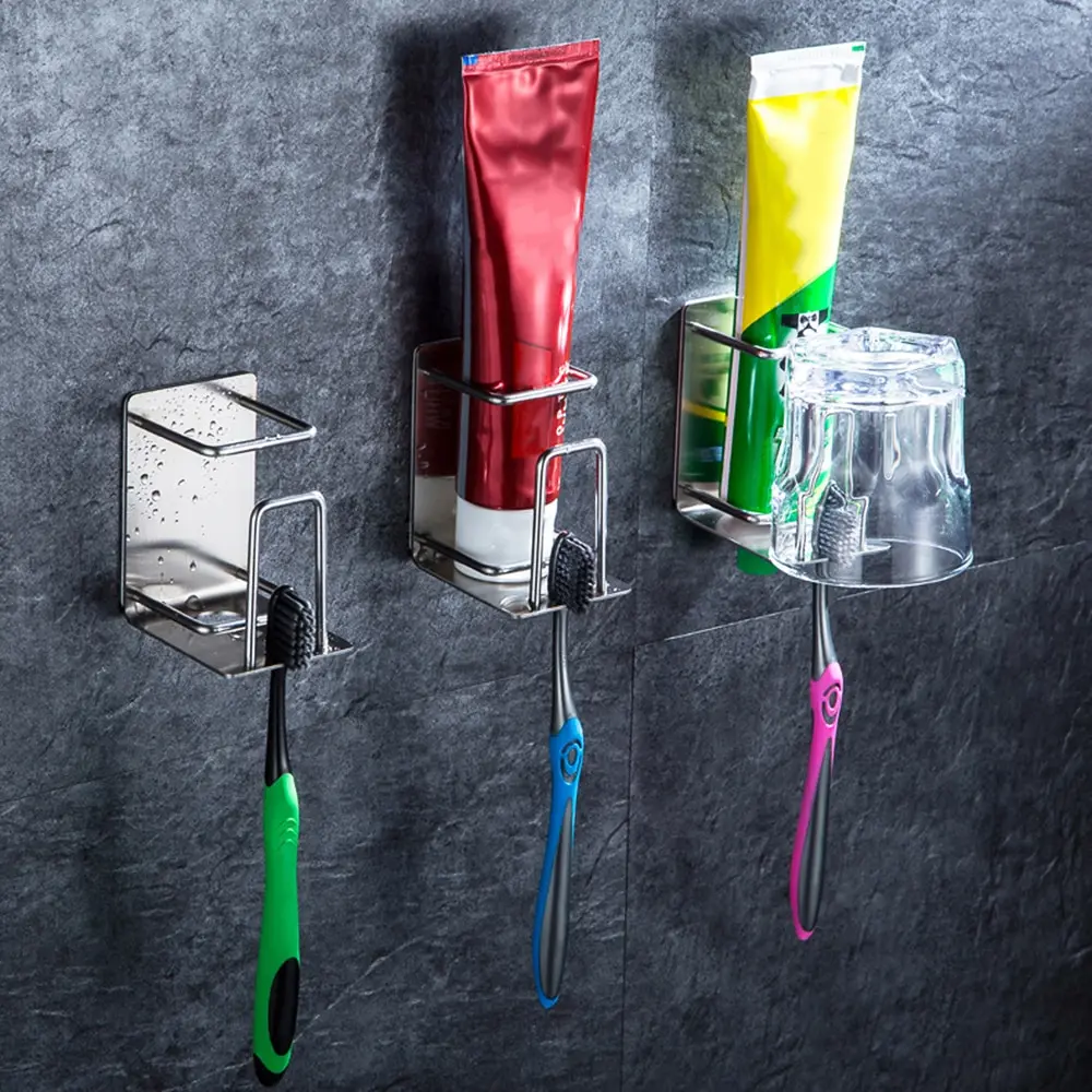 

3in1 Rustproof Toothbrush Holder Wall-mounted Toothbrush Stand Toothpaste Rinse Cup Holder Home Bathroom Organizer Storage Rack