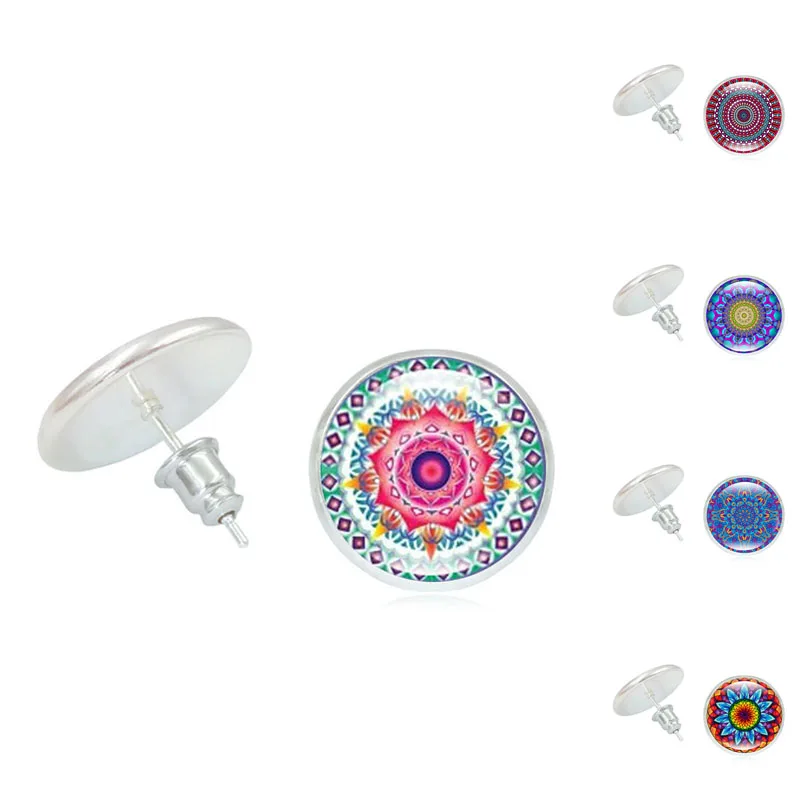 

Buddihism Jewelry Silver Plated Zen Picture with Mandala Flower Glass Cabochon Stud Earring for Women Gift