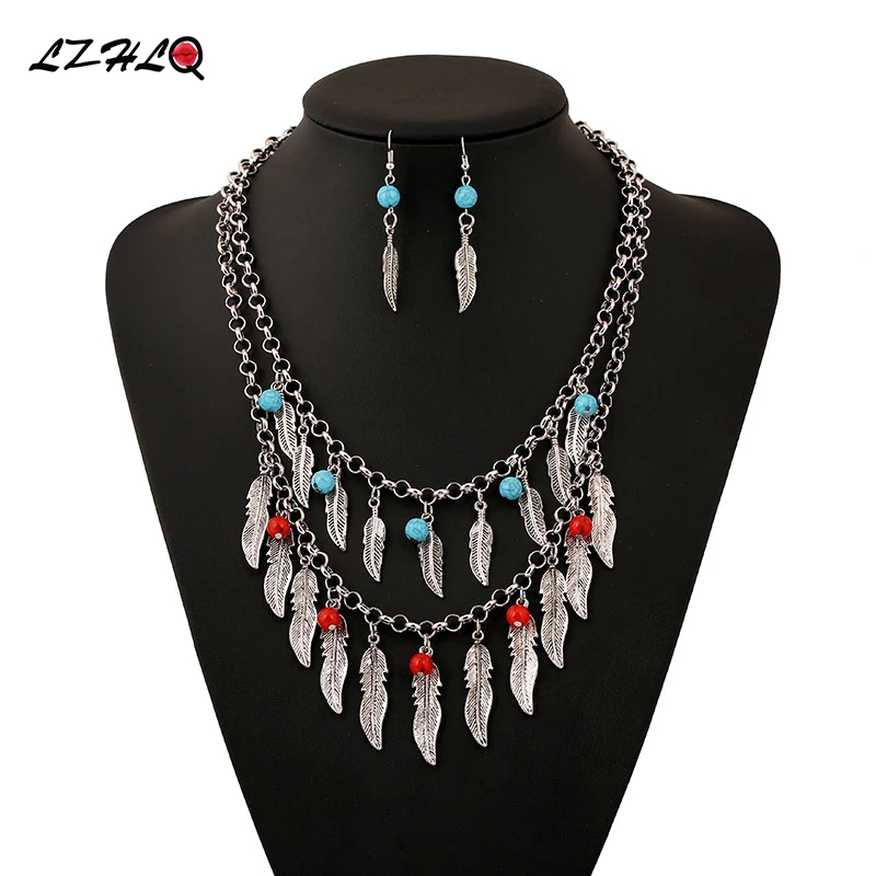 

Fashion Vintage Leaf Necklace Set Boho Multilayer Beads Tassel Necklaces Women Sweater Chains Silver Plated Jewelry Accessories
