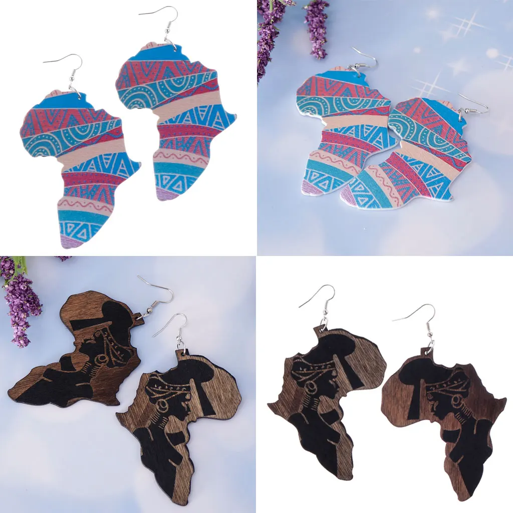 2 Pairs Vintage Wooden Ethnic Tribe African Map Lady Figure Dangle Drop Earring Fish Hook Belly Dancing Charms