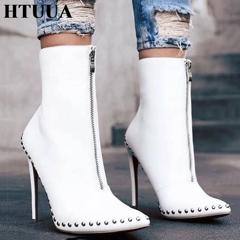 

HTUUA Plus Size Women Boots Rivet Sexy Pointed Toe High Heels Short Ankle Boots Autumn Winter Black White Ladies Shoes SX1467