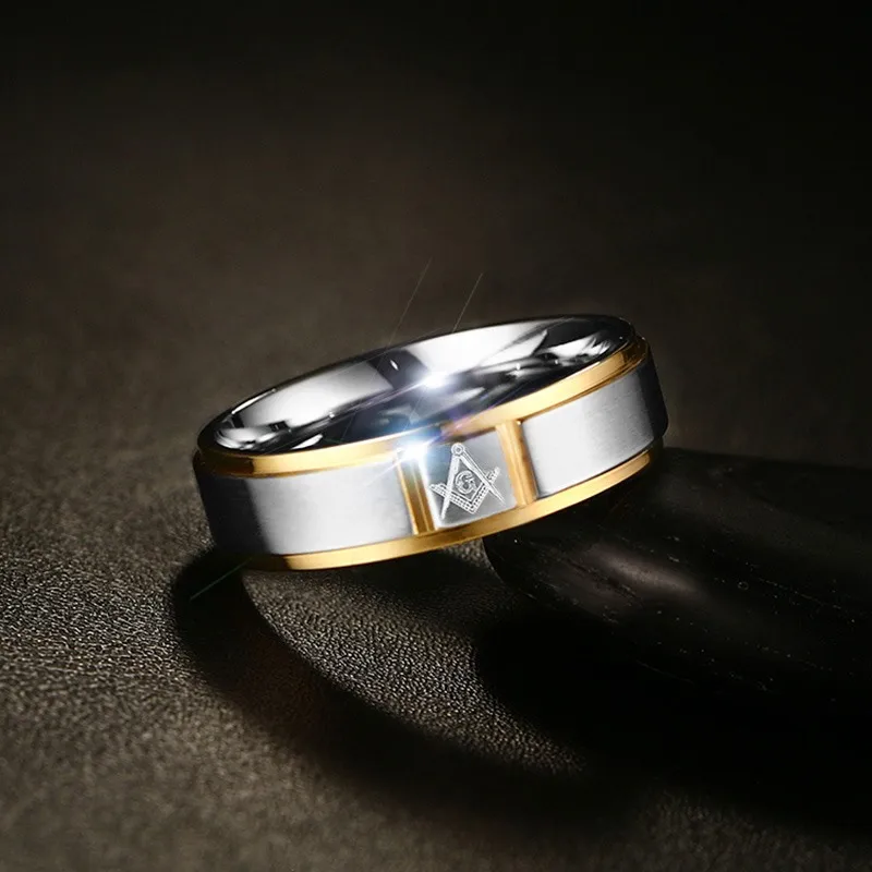 Meaeguet Men Masonic Rings Stainless Steel Gold-Color 6MM Wide Ring For Male Wedding Jewelry