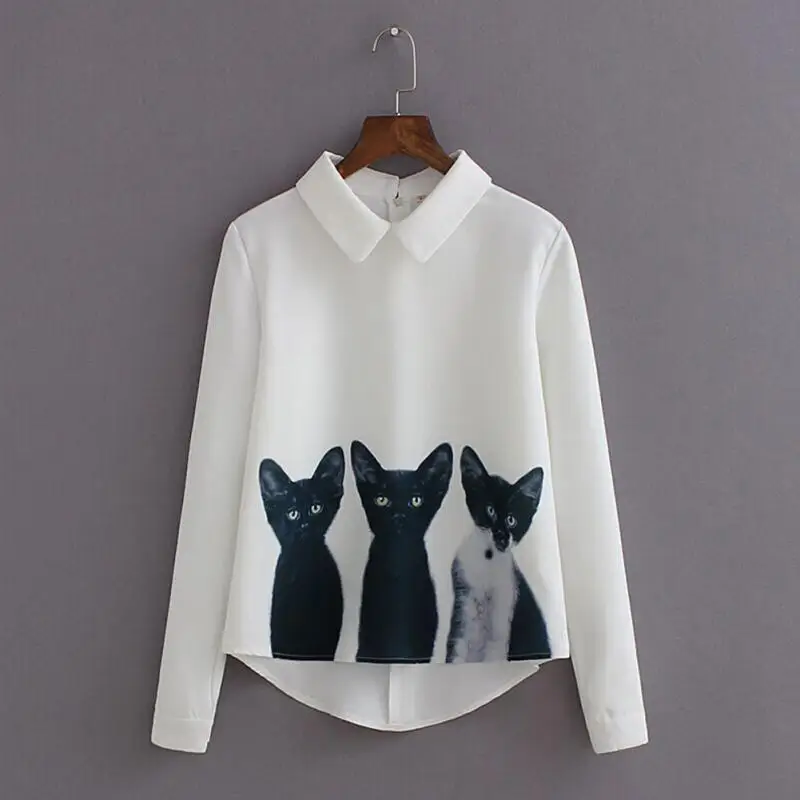 

Fashion Cartoon Cat New Brand Women's Blouse Loose Chiffon Three Cats Tops Long Sleeve Casual Blouse Autumn Shirts High Quality