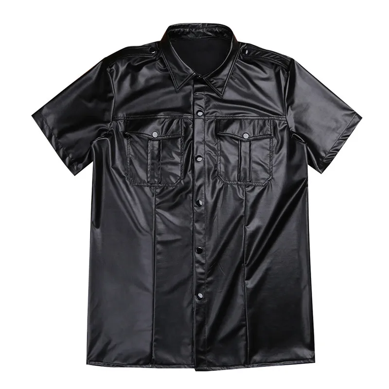 Mens sexy Soft faux leather t shirts Male black Tees tight shirts Undershirts As Police Uniform Shirt Tops with Down Collar