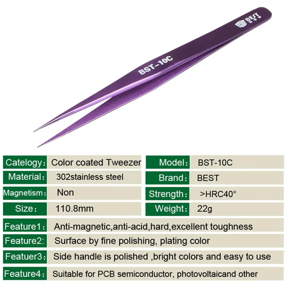 

2019 Anti-Static Pointed Color Plated Stainless Steel Tweezers Antacid Repair Tool for iPhone Huawei Mobile Phone BST-10C
