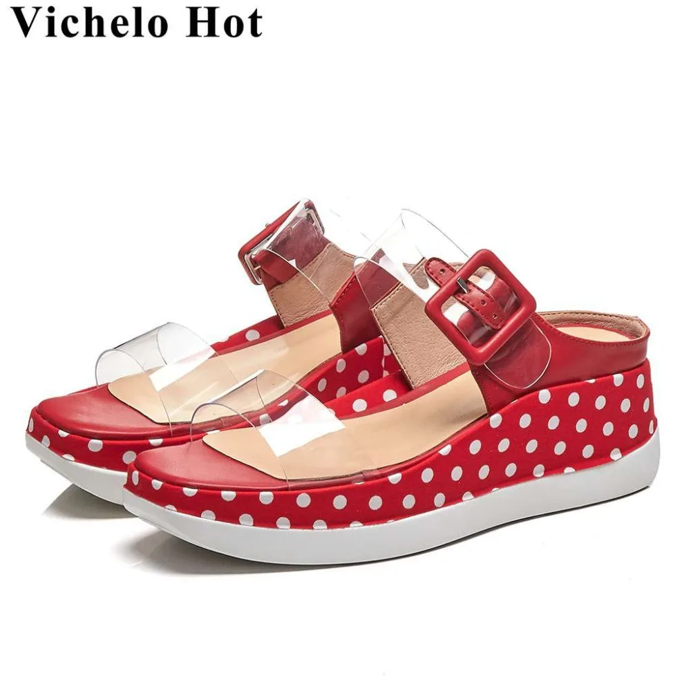 

Vichelo Hot sweety girls princess style buckle belt peep square toe slip on mules art design wedges platform pvc party shoes L22