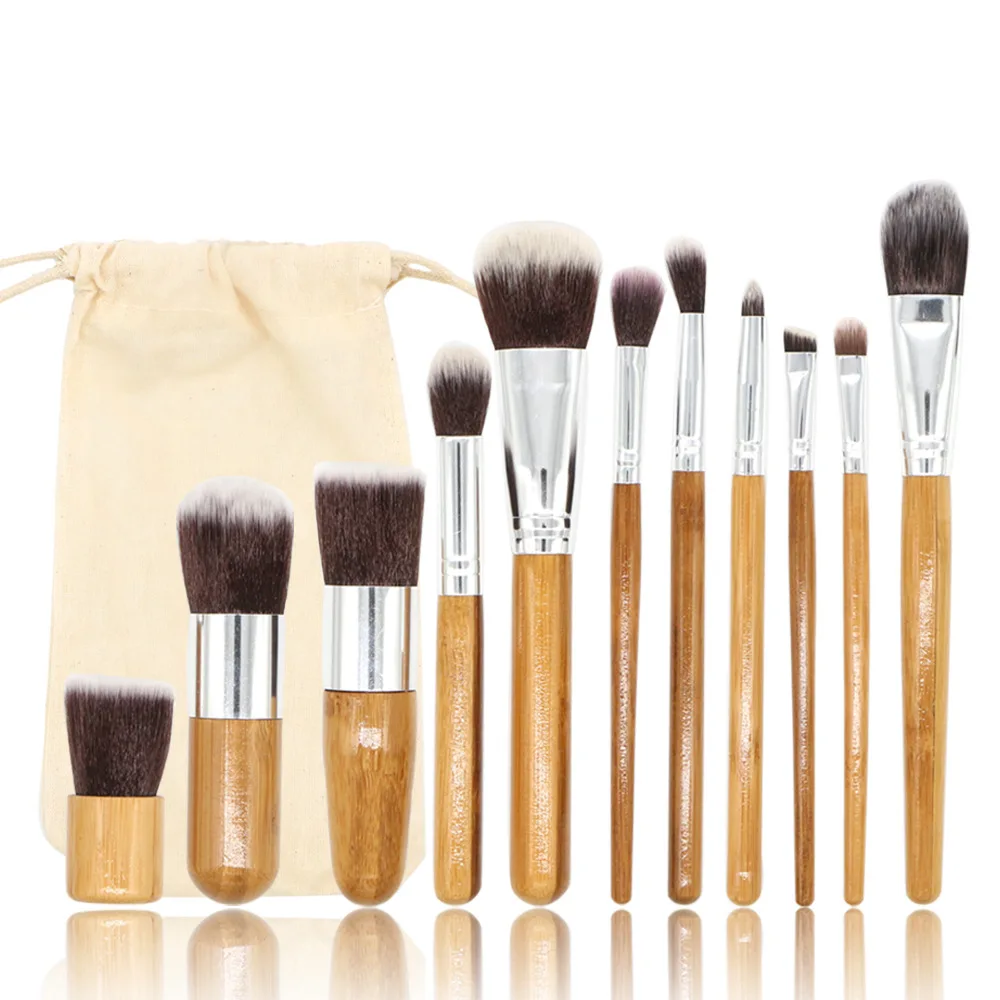 

11pcs makeup brush set bamboo handle eye shadow foundation brush Blush brush eyebrow brush Makeup tools + canvas bag packaging