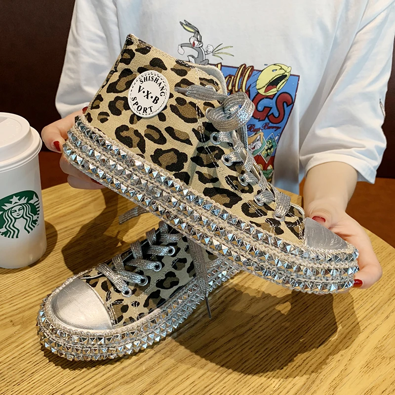 

Designer Women Sexy Canvas Leopard Shoes Girl Rivet Patchwork Thick Heel Sneakers Female Hip Hop High Top Running Platform Party