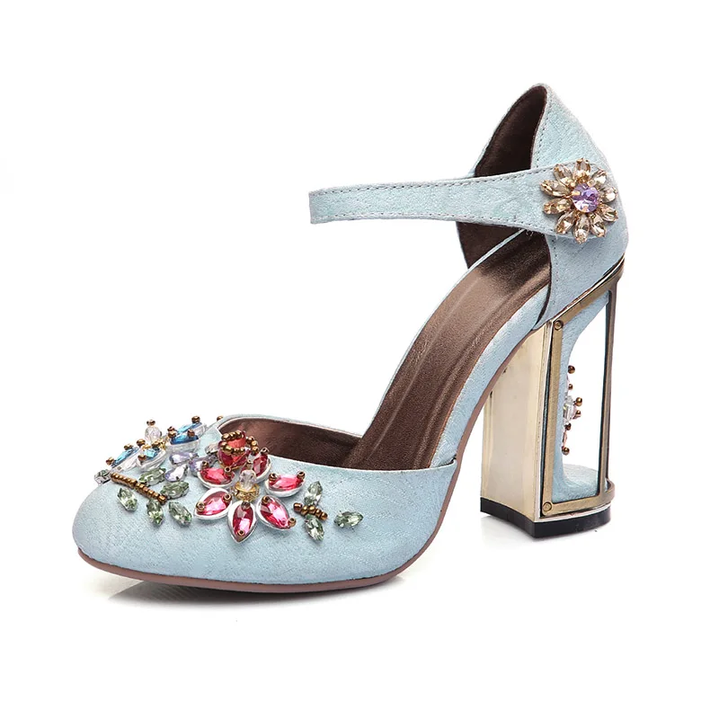 Mcacchi/женские туфли-лодочки mary jane со стразами; необычные свадебные туфли ручной работы на высоком каблуке со стразами; обувь из натуральной кожи - Цвет: Blue 10cm heel