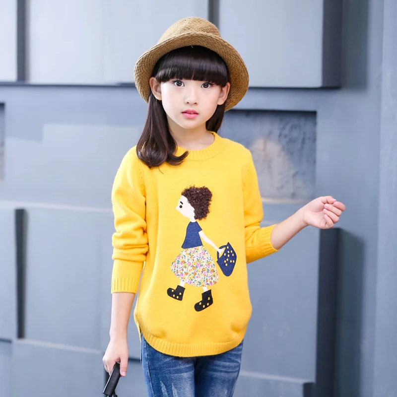 Г. Осенне-зимние свитера для девочек; одежда для детей; детская одежда; свитера с круглым вырезом и милой аппликацией; пуловеры; одежда для девочек; возраст От 3 до 15 лет - Цвет: Цвет: желтый