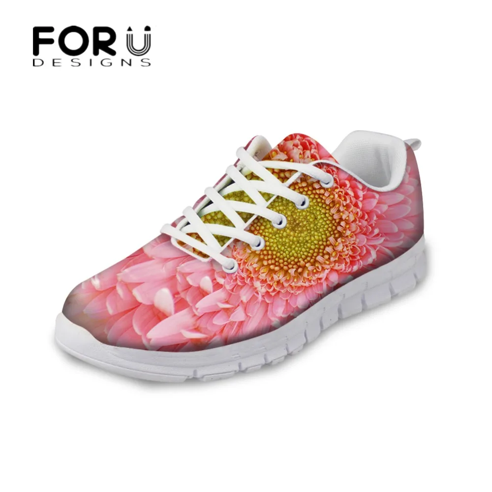 

FORUDESIGNS Pretty 3D Flower Printing Women Lace-up Flat Shoes Fashion Floral Design Casual Breathable Mesh Shoes Woman Flats