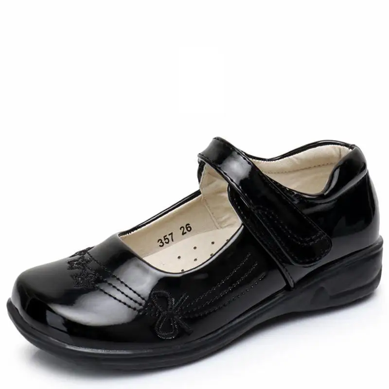 Новинка; детская кожаная обувь для девочек; школьная обувь из искусственной кожи; Цвет Черный; обувь принцессы для свадебного платья с цветочным узором; белая детская обувь на плоской подошве - Цвет: 357 Black