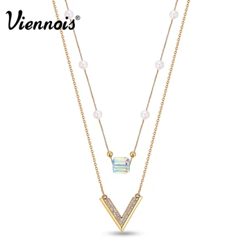 

Viennois New Long Necklaces Pendants With Crystals from Gold Color V-shaped Double Layers Simulated Pearls Necklace
