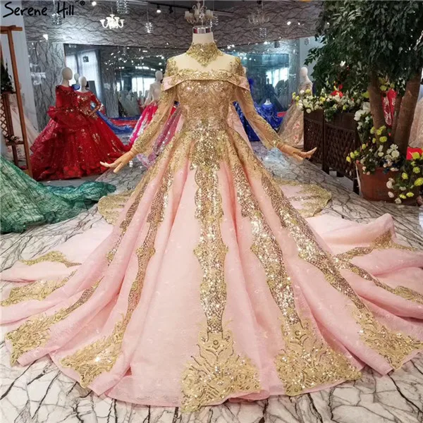 Розовые Роскошные свадебные платья высокого качества с высоким воротником настоящие Свадебные платья с блестками и длинными рукавами Уникальные платья невесты - Цвет: pink
