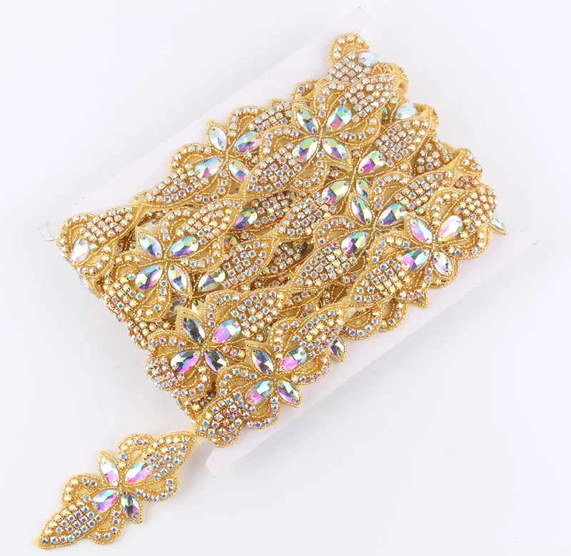 

1Yard Fashion Gold Base Rhinestone Applique Patch Trim Hot-Fix Crystal Beaded Applique Trimming For Bridal Dress/Shoes