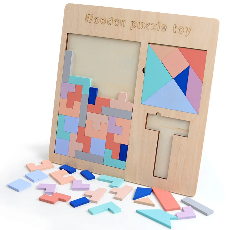 New Wooden Puzzle Toy For Children 3 In 1 Tetris Tangram T-word Early Educational Toys Brain-Teaser Gifts | Игрушки и хобби