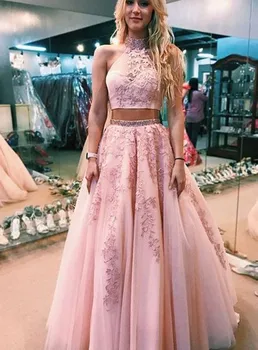 

Vintage Lace Prom Dress 2020 Two Pieces vestido de festa Halter Party Gowns Formal Dress Prom robe de soiree Crystal Beading