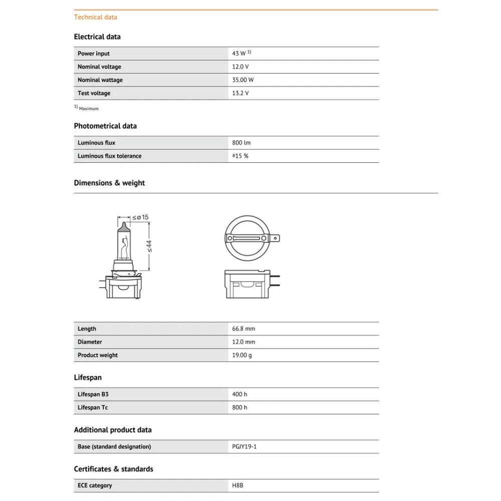 OSRAM H8B 12 в 35 Вт 64242 PGJY19-1 3200 к Стандартная автомобильная противотуманная фара Замена Автомобильный светильник OEM качество Германия(один