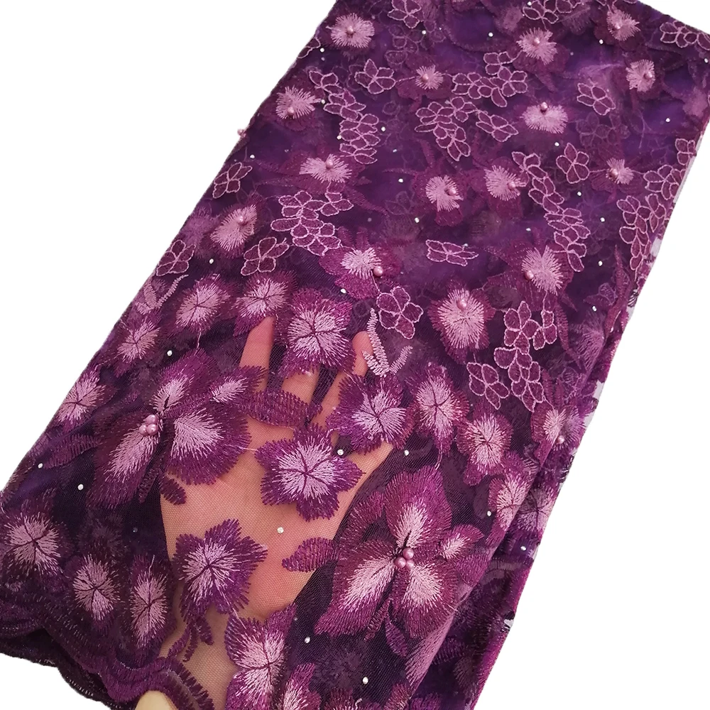 

Deep purple nigerian lace fabrics flower beaded lace fabric for wedding embroidery african french lace fabric 5 yards 2019