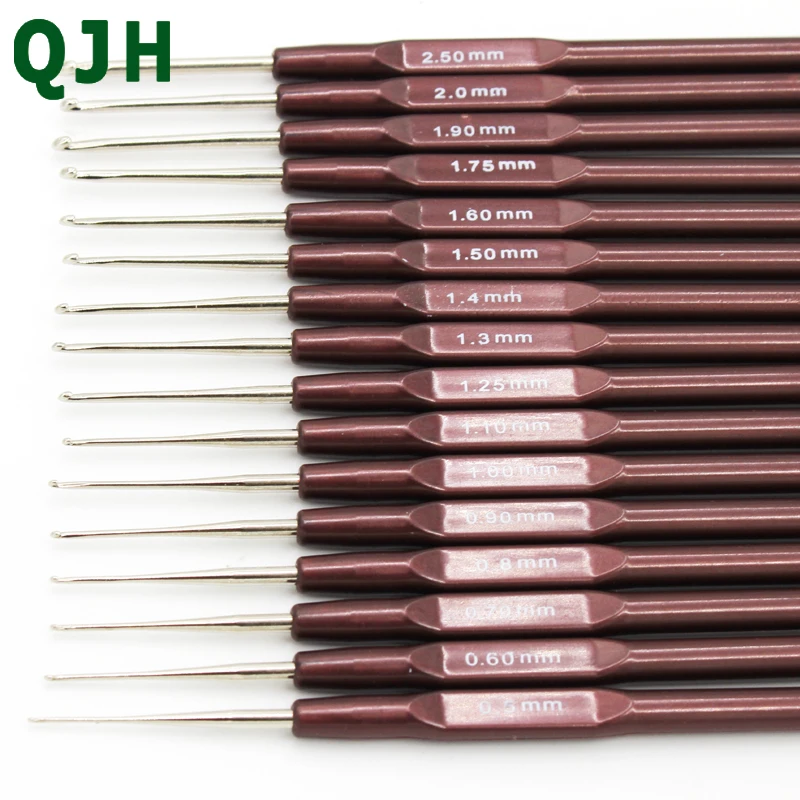 16pcs Brown Plastic Handle Aluminum Crochet Hooks Knitting Needles Weaving