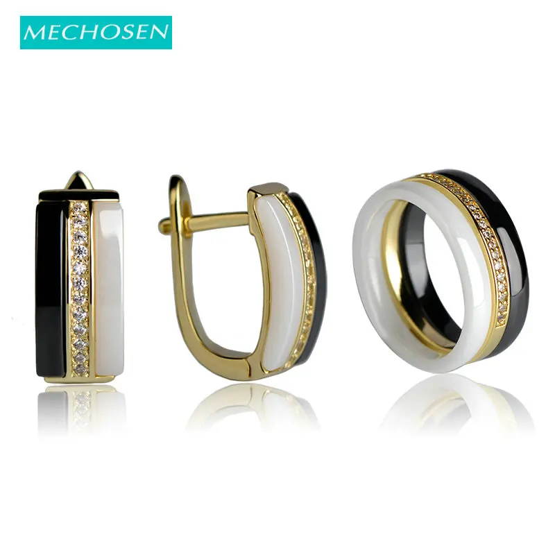 

MECHOSEN Brillant Ceramic Jewelry Sets Rings&Earrings Zirconia Three Lines White/Black Keramik Anillos Brincos Porcelain Schmuck