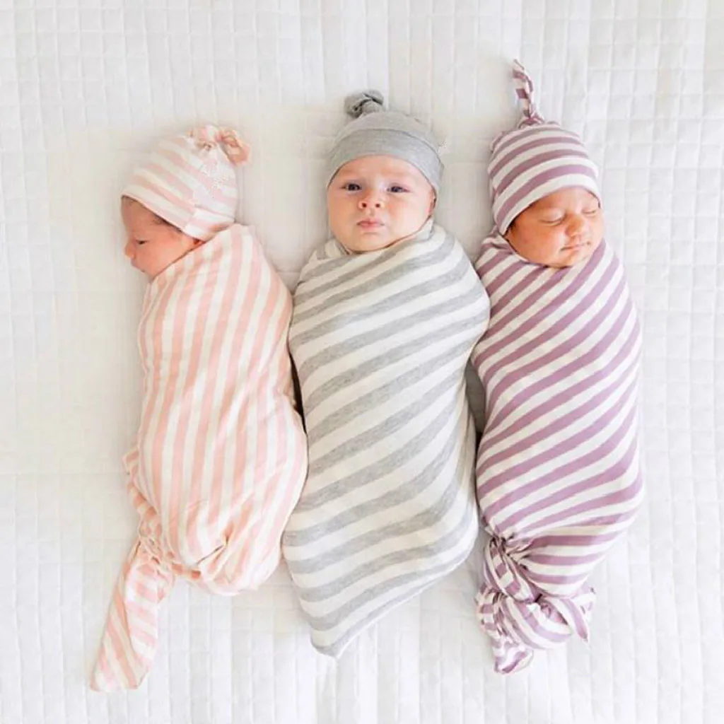 Детская полосатая шапочка для новорожденных, мягкое спальное одеяло, обертывание, набор хлопковых пеленок для завёртывания для пеленания, детская коляска