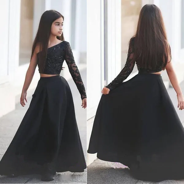 Arabic Said Mhamad Black One Shoulder Long Sleeve Kids Prom Dresses A Line Two Piece Beaded Flower Girls Dresses