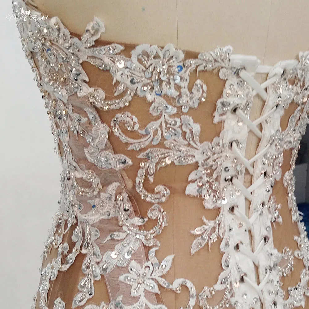 RSW1313 реальные фотографии Yiaibridal Illusion корсет серебро бисером кружева с аппликацией и юбкой-годе гофрированная юбка свадебное платье 2017