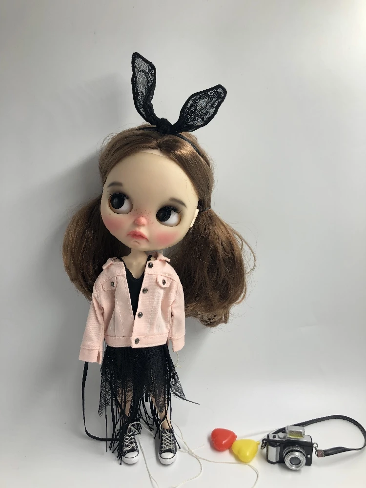 4 шт./компл., модная одежда для кукол, розовое пальто, черная газовая юбка, Кружевная повязка на голову с кроликом для кукол blyth OB24 1/6, аксессуары для кукол