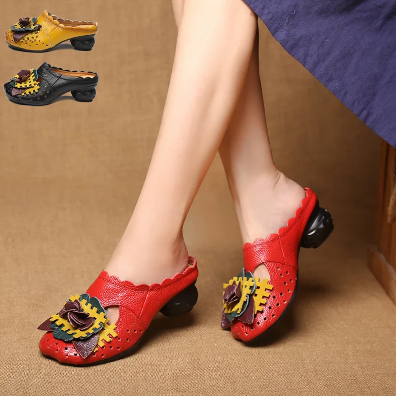 Летняя женская обувь на плоской подошве; женская обувь из натуральной кожи; Балетки без застежки; балетки на плоской подошве; лоферы с цветочным узором; женская обувь; Мокасины - Цвет: Красный