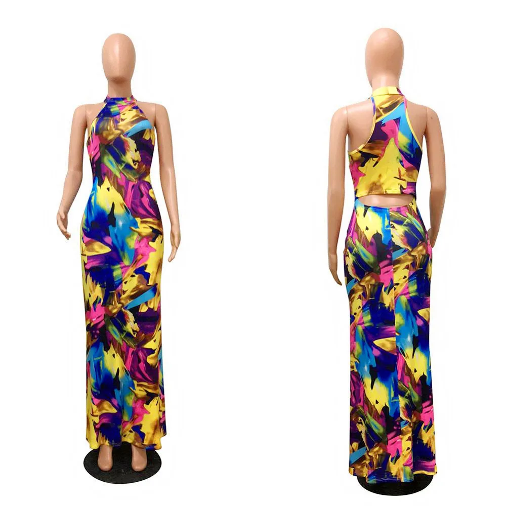 Elegant Women Boho Floral Print Halter Summer Beach Long Dress Sexy Backless Hollow Out Evening Party Dresses Female sundress