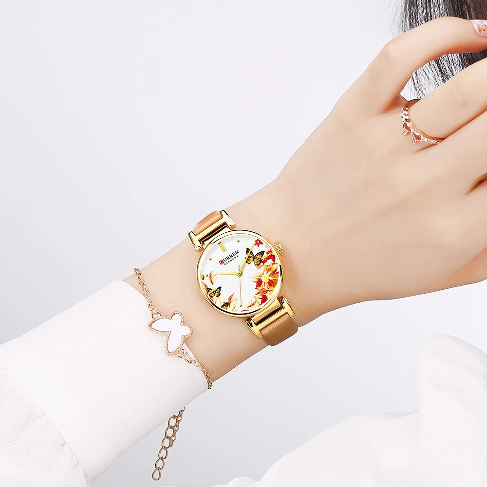 CURREN кожаные женские часы летние новые кварцевые женские наручные часы Relojes женские часы модные с цветочным циферблатом Reloj Mujer