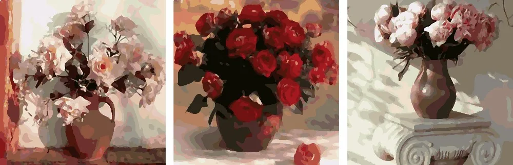 

3 piece Large Frameless Flowers Picture DIY Painting By Numbers on Canvas Floral Wall Painting Draw by Hand Coloring by Numbers