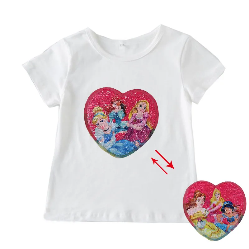 Модная розовая футболка принцессы с блестками для девочек 4, 6, 8, 10 лет; хлопковая Футболка; детская одежда - Цвет: white