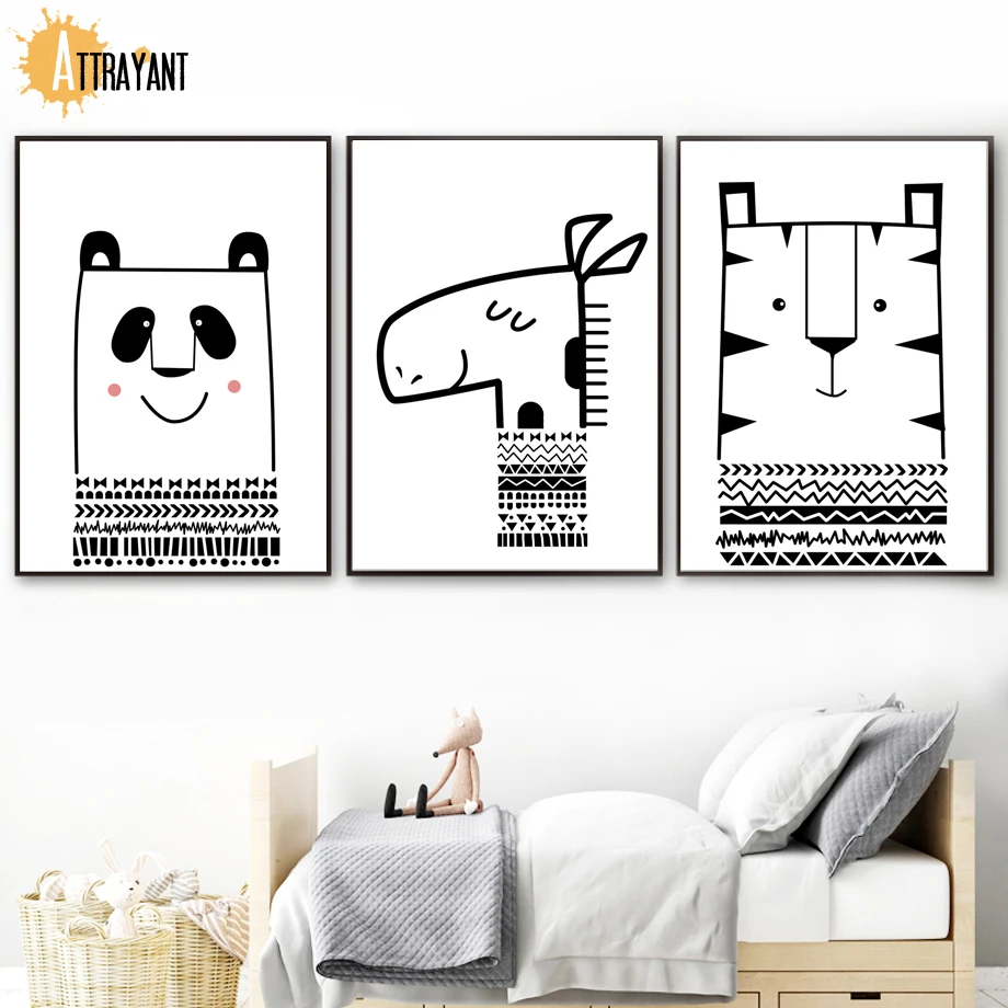 

Cartoon Panda Giraffe Tiger Wall Art Canvas Painting Nordic Posters And Prints Black White Wall Pictures Baby Kids Room Decor