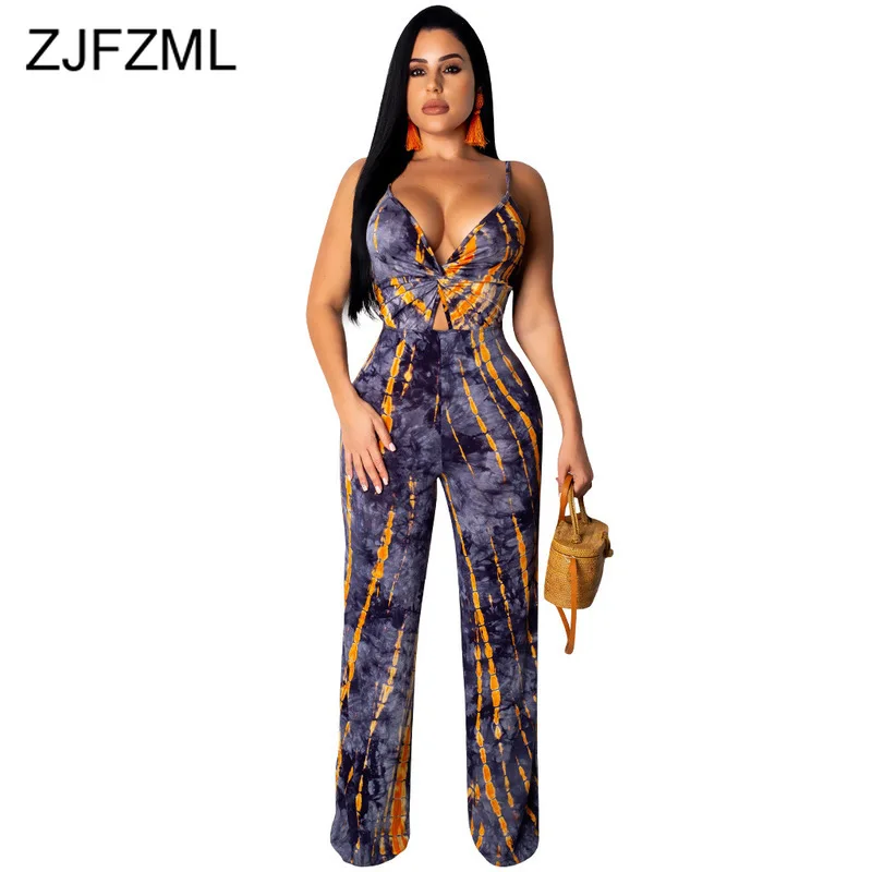 

Tie Dye Print Sexy Bodycon Jumpsuits Women Spaghetti Strap Sleeveless Wide Leg Romper Summer Deep V Neck Open Back Beach Overall