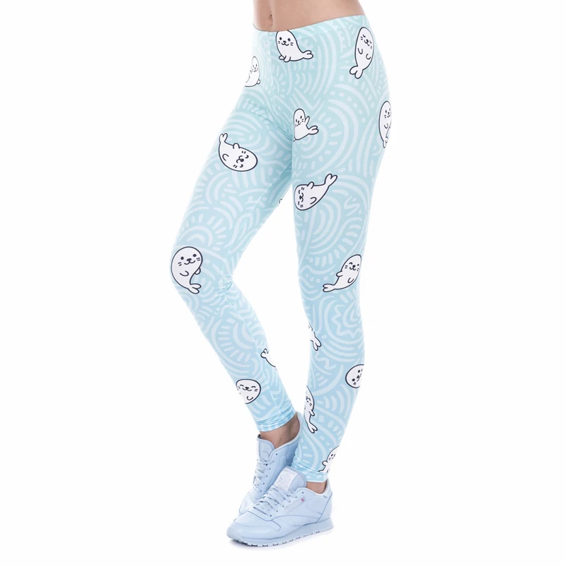 

Kawaii White Seal Blue Print Fashion Woman Leggings Lady Close-fitting Fitness Breathable Perspiration Quick-dry Sport Pants